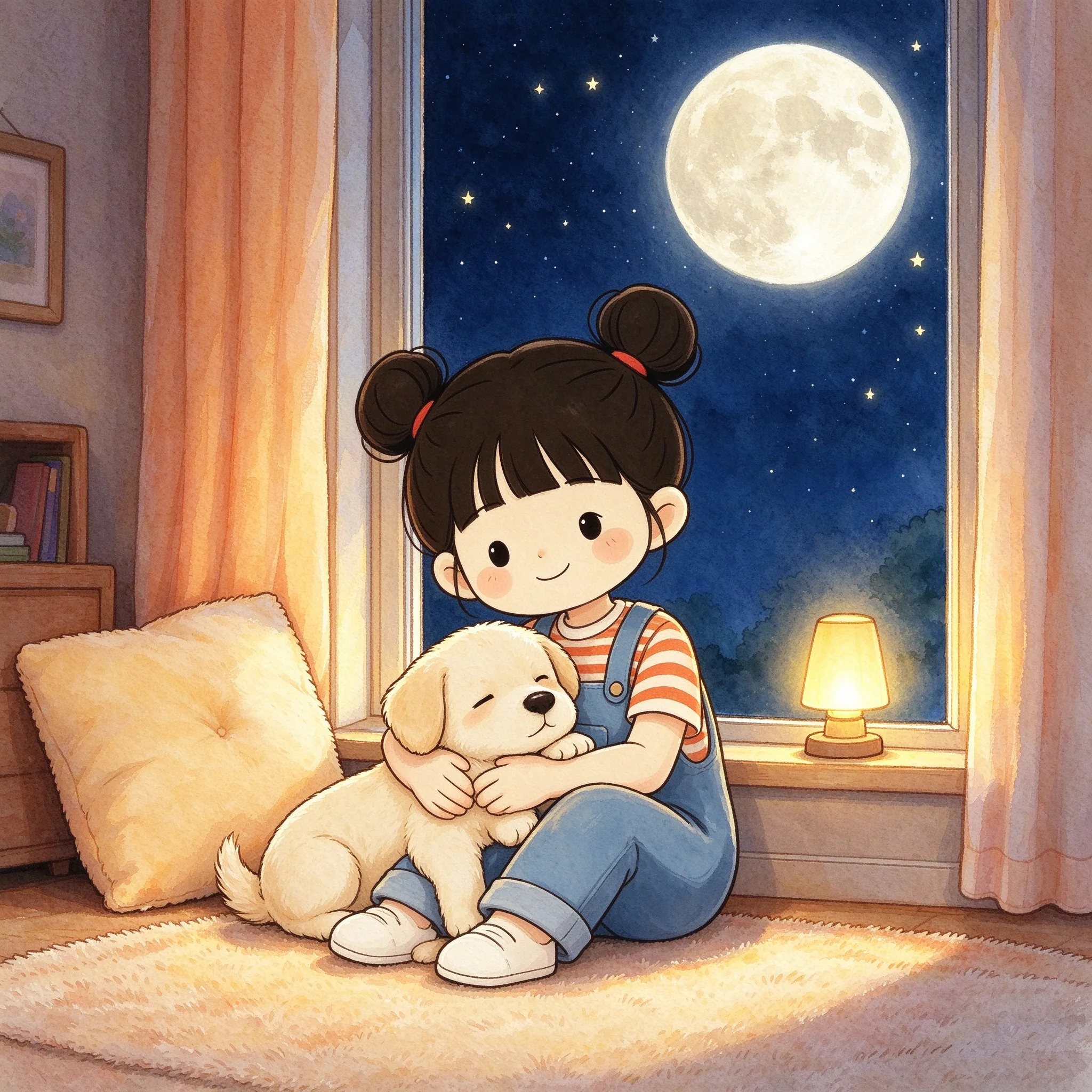 夜窗月與小狗依偎